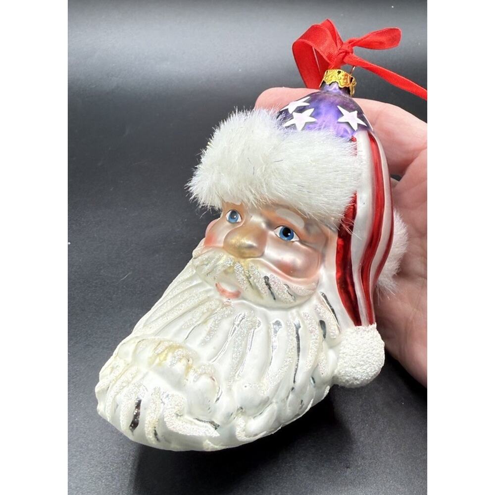 Vintage Stars & Stripes Crescent Santa Head Glass Christmas Ornament Nice! -LO17
